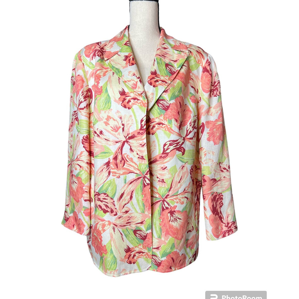 Parisian Jacket Size 16W in Orangey Pink and Green Floral Linen Blend Print